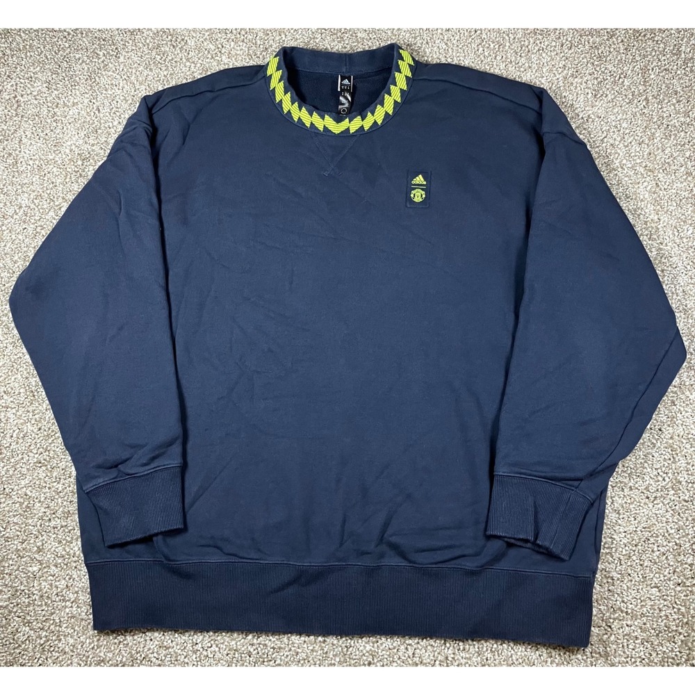 Adidas Manchester United Crewneck Sweatshirt Navy Blue Lime Green HE6652 Mens XL